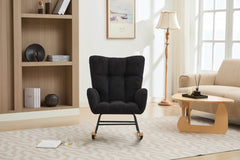 Haoyye Black Modern Nursery Rocking Chair with High Backrest, Soft Teddy Upholstered Glider Accent Armchair with Solid Wood Legs, Gentle Rocker for Bedroom, Living Room, or Nursery, Sturdy and Space-Saving Design for Adults