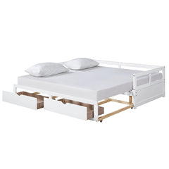 HAOYYE Wooden Daybed with Trundle and Storage Drawers, Extendable Sofa Bed for Bedroom or Living Room, White, Sturdy Space-Saving Design, Heavy Duty Construction, Easy Assembly, Durable and Stylish Home Furniture