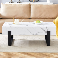 HAOYYE Black And White Minimalist MDF Coffee Table With Marble Pattern Sticker And Black Metal Leg Spray Coating, Modern And Simple Design For Living Room, Bedroom And Office, Sturdy Space-Saving Heavy Duty Furniture For Contemporary Home Decor