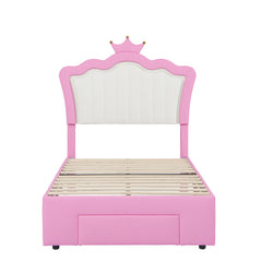 HAOYYE Twin Size Upholstered Bed Frame With LED Lighting, Modern Princess Bed With Crown Headboard And Storage Drawer, Pink And White, Sturdy Space-Saving Heavy Duty Design For Adults And Dorm Rooms