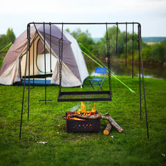HAOYYE Portable Grill Swing Campfire Grill Stand with Iron Grill Grate Collapsible Outdoor Cooking Rack with Adjustable Chains Six Hooks and Carry Bag Perfect for Camping Bonfires Backyard Cooking Dutch Oven and Cookware