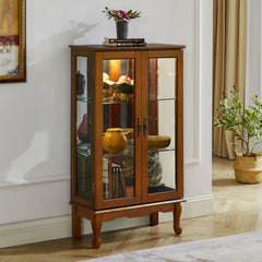 HAOYYE Curio Cabinet with Integrated Lighting and Adjustable Shelves Featuring a Mirrored Back Panel and Tempered Glass Doors in Oak Finish for Displaying Collectibles and Home Decor with Sturdy, Space Saving, Heavy Duty Construction