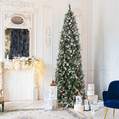 HAOYYE Green Artificial Christmas Tree 9FT Automatic Pointed Pencil Shape with 1298 PVC Branches, 460 Warm LED Lights, 8 Modes with Remote Control, 91 Pine Cones and 91 Berries, Sturdy Iron Base, Easy Assembly for Home and Office Holiday Decorations