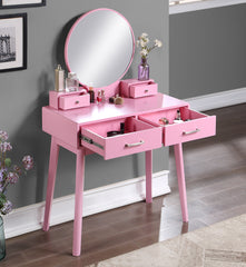 HAOYYE Liannon Contemporary Wood Vanity and Stool Set, Pink Makeup Vanity Table with Storage Drawers, Elegant Dressing Table with Round Mirror and Cushioned Stool, Stylish and Compact Design for Bedroom, Apartment, or Makeup Room