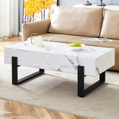 HAOYYE Black And White Minimalist MDF Coffee Table With Marble Pattern Sticker And Black Metal Leg Spray Coating, Modern And Simple Design For Living Room, Bedroom And Office, Sturdy Space-Saving Heavy Duty Furniture For Contemporary Home Decor
