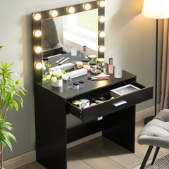 HAOYYE Vanity Desk with Mirror and Lights, Dressing Table with Large Drawer, 1 Level Storage Dresser & 3 Lighting Modes Adjustable Brightness, Suitable for Bedroom(Black)