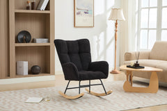 Haoyye Black Modern Nursery Rocking Chair with High Backrest, Soft Teddy Upholstered Glider Accent Armchair with Solid Wood Legs, Gentle Rocker for Bedroom, Living Room, or Nursery, Sturdy and Space-Saving Design for Adults