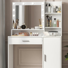 HAOYYE Vanity Desk with Mirror and Light, Three-Level Storage Dresser, Large Drawer, Adjustable Brightness with Three Lighting Modes, White, Sturdy Space-Saving Design, Heavy Duty Construction, Modern and Stylish Home Furniture