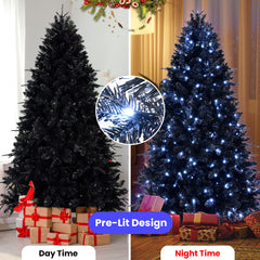 HAOYYE Artificial Black LED-Lit Christmas Tree with 2486 PE/PVC Mixed Branch Tips, Hinged Premium Design with Foldable Base, Eco-Friendly Fireproof Material, Easy Assembly and Stable Heavy-Duty Stand for Indoor Holiday Decorating
