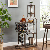 Haoyye Grey Wine Bakers Rack with 11 Bottle Storage, 5 Tier Freestanding Wine Rack with Hanging Glass Holder and Shelves, Rustic Metal and Wood Liquor Organizer for Kitchen, Dining Room or Home Bar, Sturdy Space-Saving Display Stand