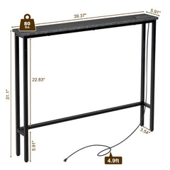 HAOYYE Black Narrow Console Sofa Table with Built-In Power Outlets and USB Ports, Slim Couch Table with Sturdy Metal Frame and Charging Station, Space-Saving Design for Apartments Dorms and Living Rooms