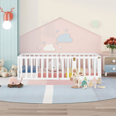 HAOYYE Twin Size Wood Floor Bed Frame with Fence and Door, White(OLD SKU :WF289661AAK) Sturdy Space-Saving Heavy Duty Modern Design Adults Dorm Room Easy Assembly Bedroom Furniture