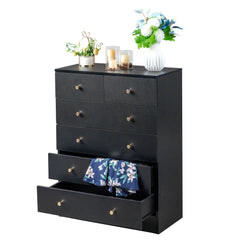 HAOYYE Modern Simple 6-Drawer Dresser Nightstand in Black, Compact and Stylish Storage Solution for Bedroom, Living Room, or Entryway, Sleek and Functional Design for Organizing Clothes, Accessories, and More