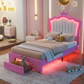 HAOYYE Twin Size Upholstered Bed Frame With LED Lighting, Modern Princess Bed With Crown Headboard And Storage Drawer, Pink And White, Sturdy Space-Saving Heavy Duty Design For Adults And Dorm Rooms