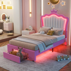 HAOYYE Twin Size Upholstered Bed Frame With LED Lighting, Modern Princess Bed With Crown Headboard And Storage Drawer, Pink And White, Sturdy Space-Saving Heavy Duty Design For Adults And Dorm Rooms