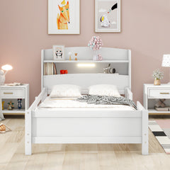 HAOYYE Wood Twin Size Platform Bed with Built-in LED Light, Storage Headboard and Guardrail, White Sturdy Space-Saving Heavy Duty Modern Design Adults Dorm Room Easy Assembly Bedroom Furniture