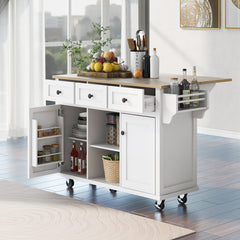 HAOYYE Kitchen Cart with Rubber wood Drop-Leaf Countertop ,Cabinet door internal storage racks,Kitchen Island on 5 Wheels with Storage Cabinet and 3 Drawers for Dinning Room,White Sturdy Space-Saving Durable