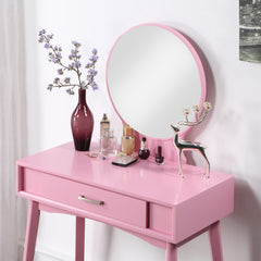 HAOYYE Maly Contemporary Wood Vanity and Stool Set, Pink Makeup Vanity Table with Storage Drawers, Elegant Dressing Table with Round Mirror and Cushioned Stool, Stylish and Compact Vanity Desk for Bedroom, Apartment, or Makeup Room