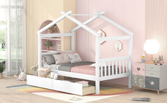 HAOYYE Twin Size Wooden House Bed Frame With Drawers, White, Space-Saving Heavy Duty Modern Design For Adults And Dorm Rooms, Easy Assembly Bedroom Furniture