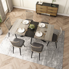 HAOYYE Retro Rectangular Extendable Dining Table, Gray Carole Top with Black Embossed Center Plate, Sturdy Black Cross Iron Base, Modern Dining Table with Built-in Storage Box, Space-Saving Design for Dining Room, Kitchen, and Apartment, Easy Assembly