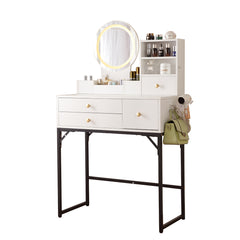 HAOYYE Vanity Desk With Lighted Mirror And Power Outlet, Makeup Table With Drawers And Cabinet, Sturdy Iron Frame, Space-Saving Modern Design, Heavy Duty White Makeup Vanity Table For Bedroom