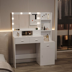 HAOYYE The white vanity with a mirror is equipped with a hair dryer rack, while the vanity in the bedroom and dressing room comes with a dressing pad