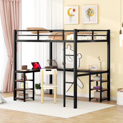 HAOYYE Full Metal Loft Bed with Desk and Shelves, Loft Bed with Ladder and Guardrails, Loft Bed Frame for Bedroom, Black with Vintage wood-colored desk Sturdy Space-Saving Heavy Duty