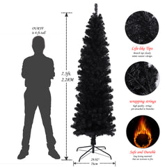 HAOYYE 7.5FT Black Slim Artificial Christmas Tree Includes Foldable Metal Stand Sturdy Space-Saving Heavy Duty Modern Design Adults Dorm Room Easy Assembly Bedroom Furniture
