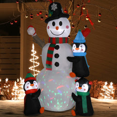 HAOYYE 6FT Inflatable Christmas Snowman Decoration with Three Penguins, Four Light Strings and One Colorful Rotating Light, Holiday Yard Garden Outdoor Decoration for Front Yard Lawn Party Winter Decor