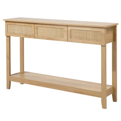 HAOYYE Natural Wood Boho Style Rattan Console Table with 3 Drawers and Open Storage Shelf, Narrow Entryway Sofa Table for Hallway Foyer Behind Couch, Rustic Farmhouse Accent Table