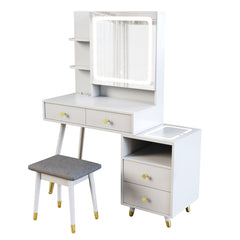 HAOYYE Vanity Dressing Table Set with LED Mirror Cabinet, 4 Drawers, 2-Tier Shelf, Three-Tone Dimmable Light, Pitted Particle Board with Melamine Finish, Solid Wood Legs with Copper Sheath, Modern Makeup Desk with Storage for Bedroom or Dressing Room