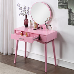 HAOYYE Maly Contemporary Wood Vanity and Stool Set, Pink Makeup Vanity Table with Storage Drawers, Elegant Dressing Table with Round Mirror and Cushioned Stool, Stylish and Compact Vanity Desk for Bedroom, Apartment, or Makeup Room