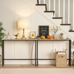 HAOYYE Oak 2 Pack Narrow Console Sofa Tables with Built-In Power Outlets and USB Ports, Long Couch Tables with Sturdy Metal Frame and 4.9ft Extension Cord, Space-Saving Charging Stations for Living Rooms, Dorms, Apartments