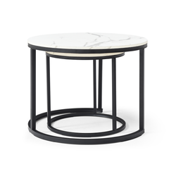 HAOYYE Set of 2 Round Nesting Coffee Tables with White and Gray Marble Pattern Tops and Black Metal Frame, Modern Industrial Accent Side Tables for Living Room Bedroom Apartment Office or Small Spaces