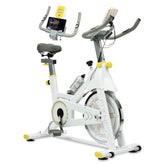 HAOYYE Yellow and White Indoor Exercise Bike Comfortable Seat Cushion Smooth Quiet Belt Drive Adjustable Handlebars and Resistance LCD Display with Tablet Holder for Home Cardio Fitness and Muscle Building