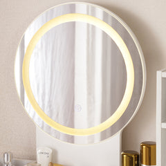 HAOYYE Vanity Desk With Lighted Mirror And Power Outlet, Makeup Table With Drawers And Cabinet, Sturdy Iron Frame, Space-Saving Modern Design, Heavy Duty White Makeup Vanity Table For Bedroom