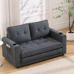 HAOYYE 3-in-1 Upholstered Convertible Futon Sofa Bed, Foldable Tufted Loveseat with Pull-Out Sleeper, Daybed with Side Pockets and Cup Holder, Dark Gray Sturdy Space-Saving Modern Design Easy Assembly