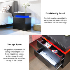 HAOYYE Modern LED Nightstand with 2 Drawers, Black Bedside Table Cabinet with Lights, Sturdy Space-Saving Design, Heavy Duty, Easy Assembly, Ideal for Bedroom or Dorm Room Furniture
