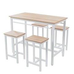 HAOYYE 5-Piece Kitchen Table Set with Four Bar Stools, Metal Frame and MDF Construction, White Oak Finish, Modern Space-Saving Design, Heavy Duty and Durable, Easy to Assemble