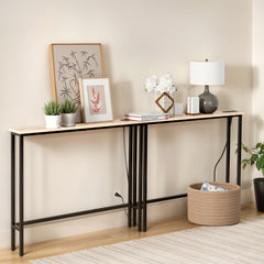 HAOYYE Oak 2 Pack Narrow Console Sofa Tables with Built-In Power Outlets and USB Ports, Long Couch Tables with Sturdy Metal Frame and 4.9ft Extension Cord, Space-Saving Charging Stations for Living Rooms, Dorms, Apartments