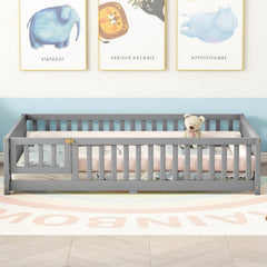 HAOYYE Full Size Bed Floor Bed with Safety Guardrails and Door for , Gray(Old SKU: W158090691) Sturdy Space-Saving Heavy Duty Modern Design Adults Dorm Room Easy Assembly Bedroom Furniture