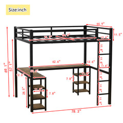 HAOYYE Full Metal Loft Bed with Desk and Shelves, Loft Bed with Ladder and Guardrails, Loft Bed Frame for Bedroom, Black with Vintage wood-colored desk Sturdy Space-Saving Heavy Duty Modern Design