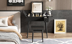 HAOYYE 27.9'' Black Makeup Vanity Desk with Flip Top Mirror and LED Light, Dressing Table with Charging Station, 2 Drawers and Fold-up Panel, Vanity Set with Cushioned Stool for Bedroom