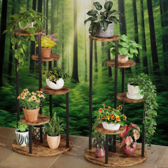 HAOYYE 5-Tier Corner Plant Stand Indoor Outdoor Metal and Wood Flower Rack Space-Saving Display Shelf for Balcony Garden Patio Living Room Rustic Brown Easy Assembly