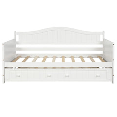 HAOYYE Twin Wooden Daybed with Trundle Bed White Durable Sturdy Space-Saving Heavy Duty Modern Design Easy Assembly Stylish Versatile Sofa Bed for Bedroom and Living Room