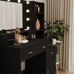 HAOYYE Black Vanity Table with Mirror & Hair Dryer Rack, Modern Makeup Desk with Dressing Mat, Storage Drawers, and Shelves for Bedroom & Dressing Room, Stylish Makeup Vanity with Functional Design