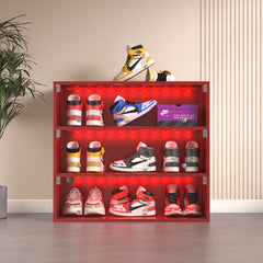 HAOYYE Red LED Light Shoe Box, 3 Layers with Glass Doors, Sturdy Space-Saving Heavy Duty Design for Sneaker Storage, Modern Design for Dorm Rooms, Bedrooms, and Closets, Easy Assembly