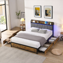 HAOYYE Full Size Bed Frame with Storage Headboard, Charging Station, LED Lights, and Four Drawers, Brown and Gray, Sturdy Space-Saving Design, Heavy Duty Construction, Modern Stylish Home Furniture