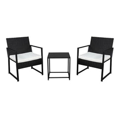 HAOYYE Outdoor Wicker Patio Furniture Set Black Rattan 3 Piece Conversation Set with 2 Exposed Frame Flat Chairs and 1 Coffee Table Durable PE Woven Bistro Set with Iron Frame for Balcony Garden Lounge