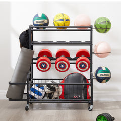 HAOYYE 4-Tier Metal Storage Organizer with Rolling Wheels for Basketball Sports Equipment Organizer for Yoga Mat Larger Ball Storage Rack with Baskets and Hooks, Indoor or Outdoor for Tennis Racket,Football